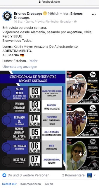 Vorankündigung: Briones Dressage (Ecuador) - Interview mit Pferdewirtschaftsmeisterin Katrin Meyer am 03.08.2020 (21.30 Uhr CET)