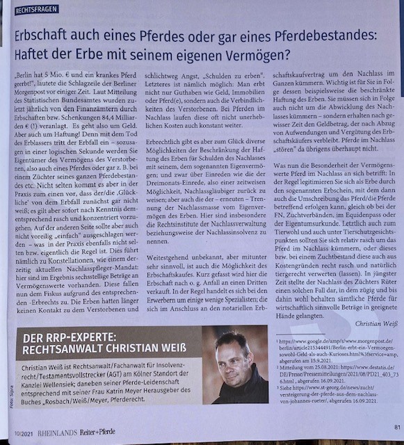 Beitrag in RRP Rheinlands Reiter + Pferde, Heft Oktober 2021, Seite 81
